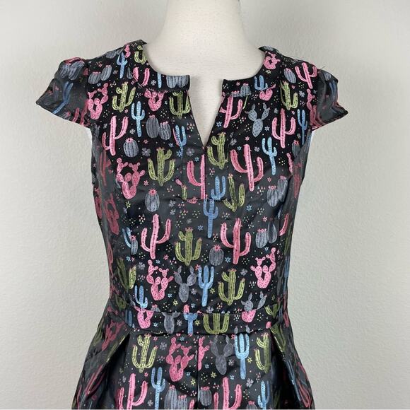 Modcloth Black Cactus Print Fit & Flare Novelty Dress 6 - Picture 3 of 8